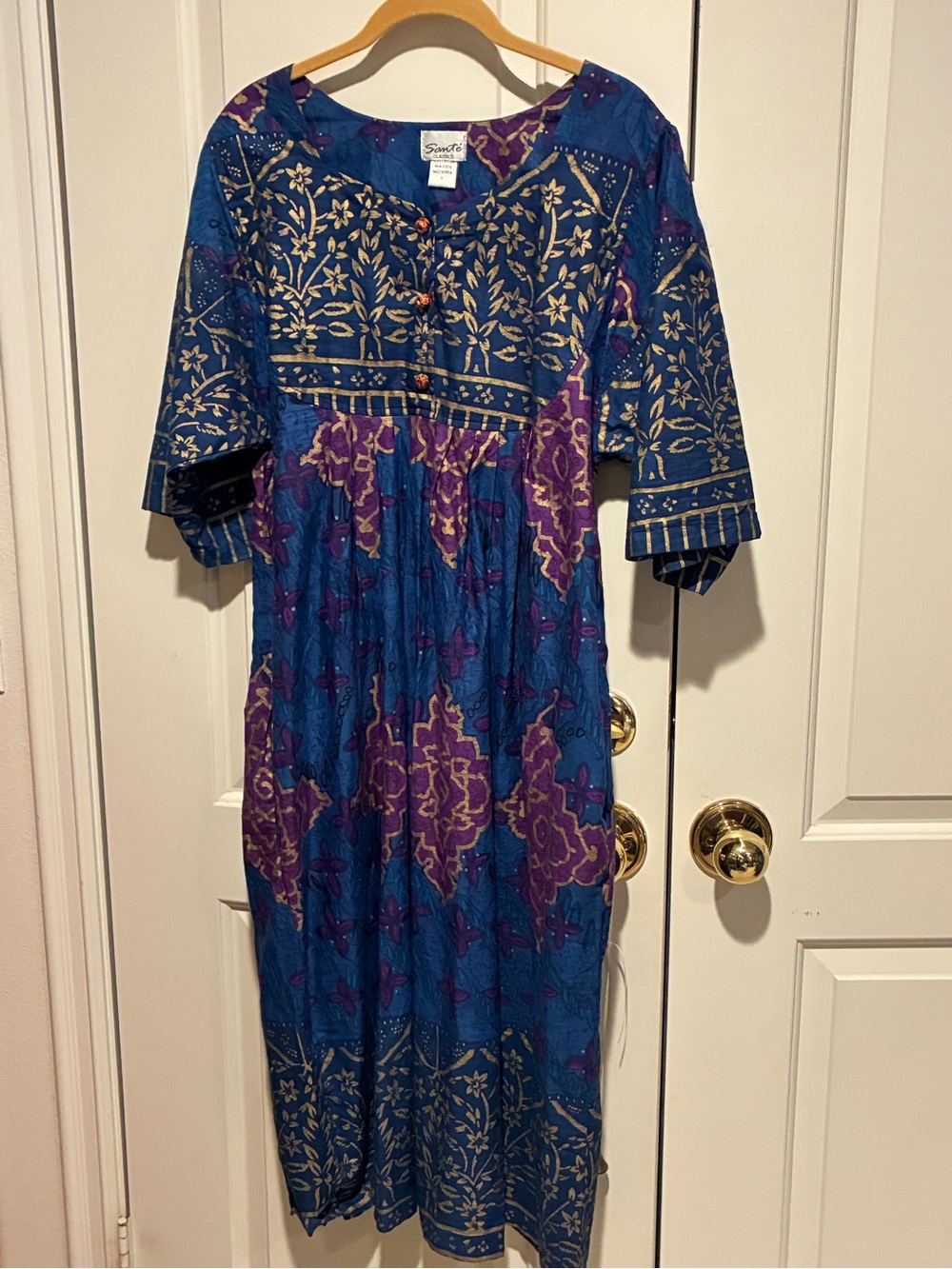 Vintage Sante’ blue, purple & gold printed cotton dress